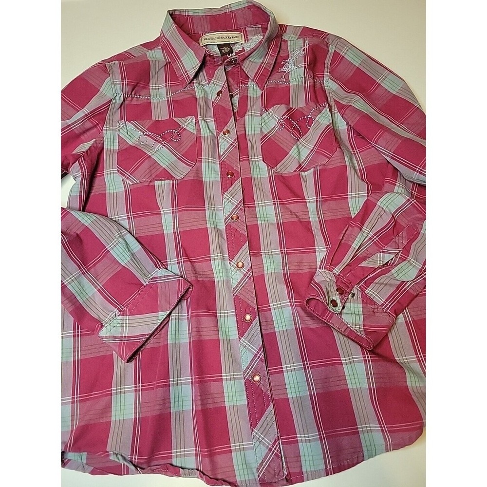 Bit&Bridle Women's Western‎ Shirt Pearl Snap Pink Plaid Embroidered Sz M